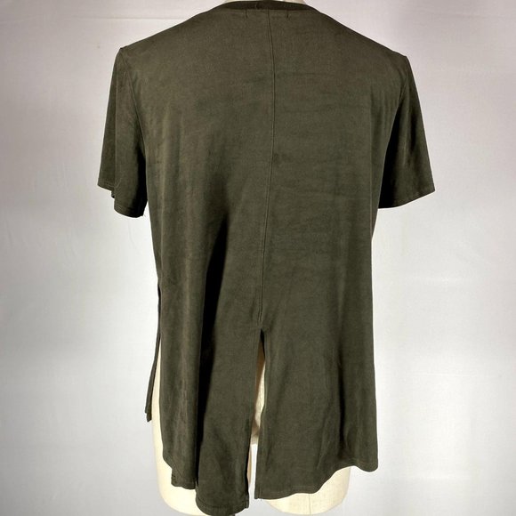 Moa Moa Dark Green Faux Suede Split Back Top Sz L - Picture 3 of 6